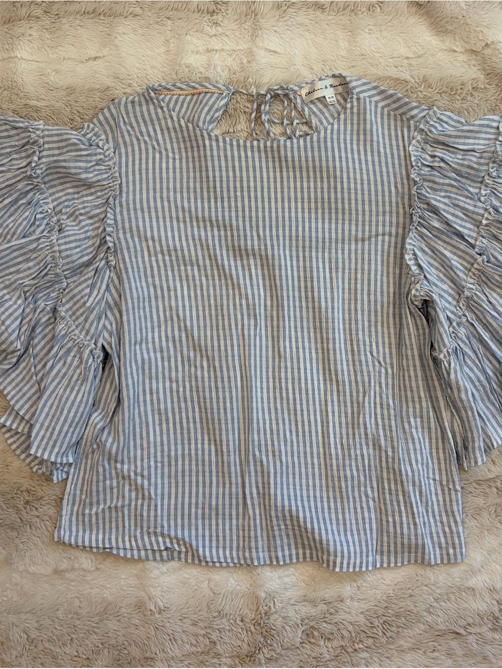 Chelsea & Theodora Blue and White Striped Ruffle Sleeve Blouse medium flutter